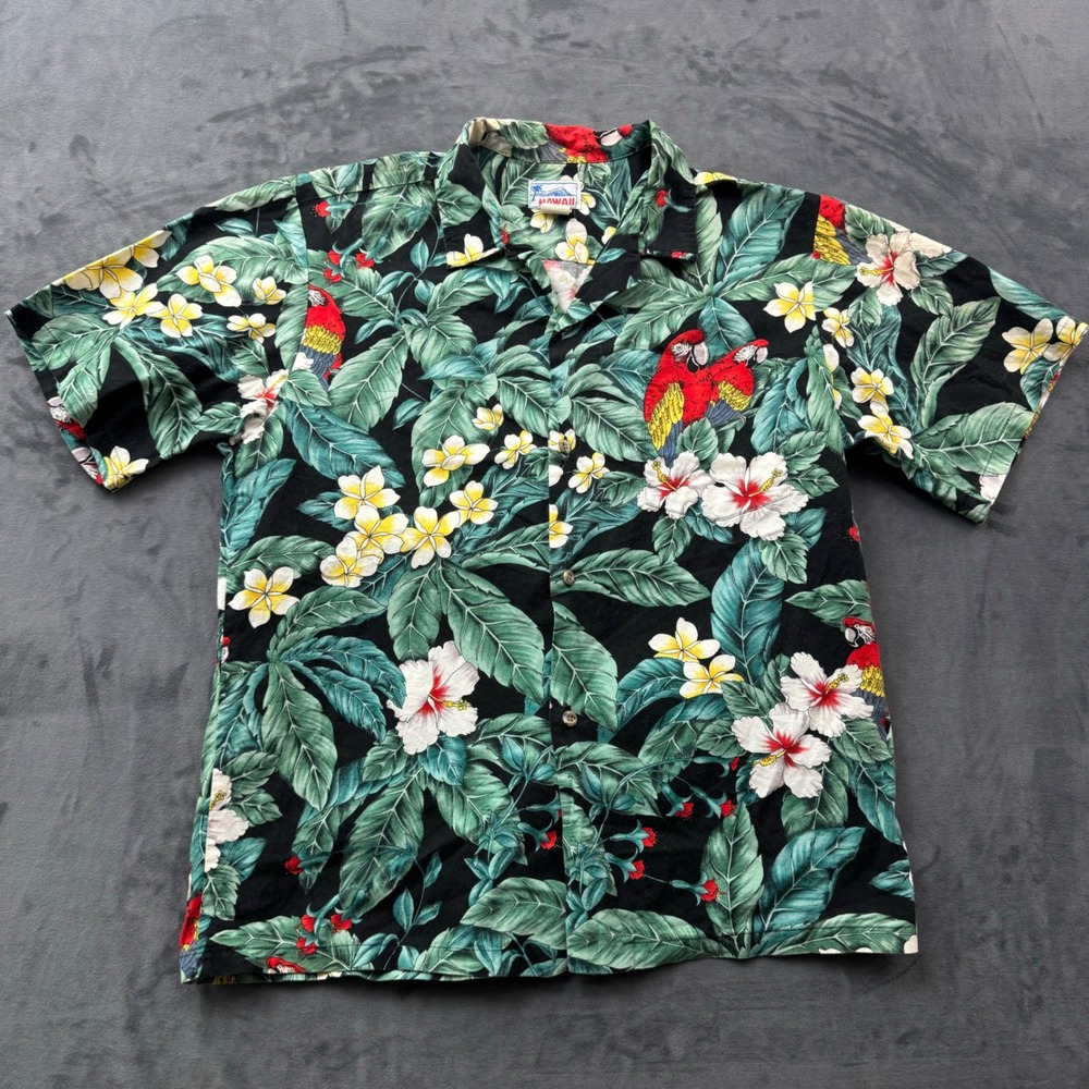 Vintage Hawaii Parrot Hibiscus Floral Cotton Camp Shirt Mens Black Tropical L